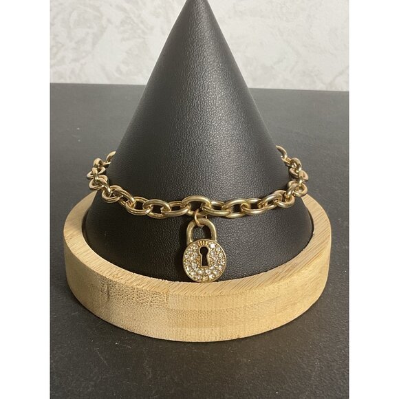 Gold-Tone Chain Bracelet With Rhinestone Lock Charm Adjustable Lobster Claw - Picture 1 of 4
